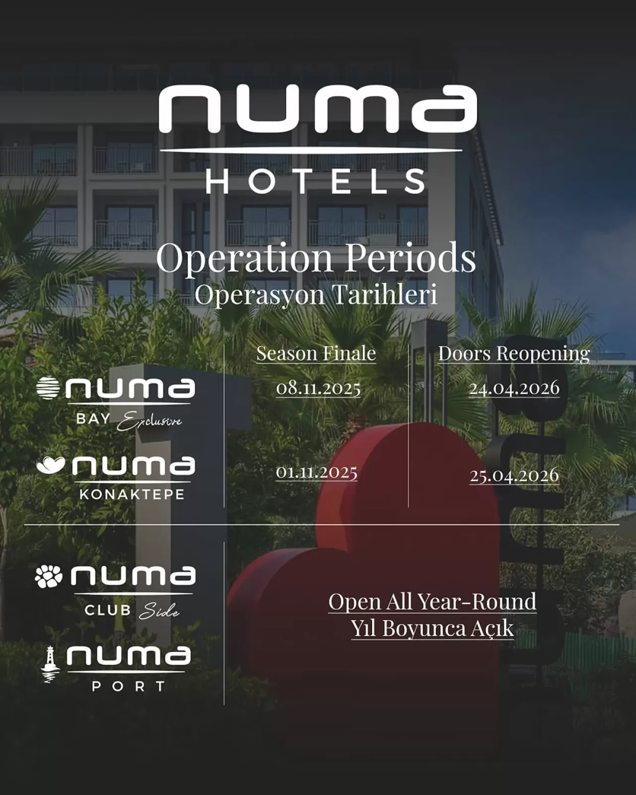 Numa Hotels, Tüm Otellerin Sezona Bağlı Açılış ve Kapanış Takvimi Açıklandı
