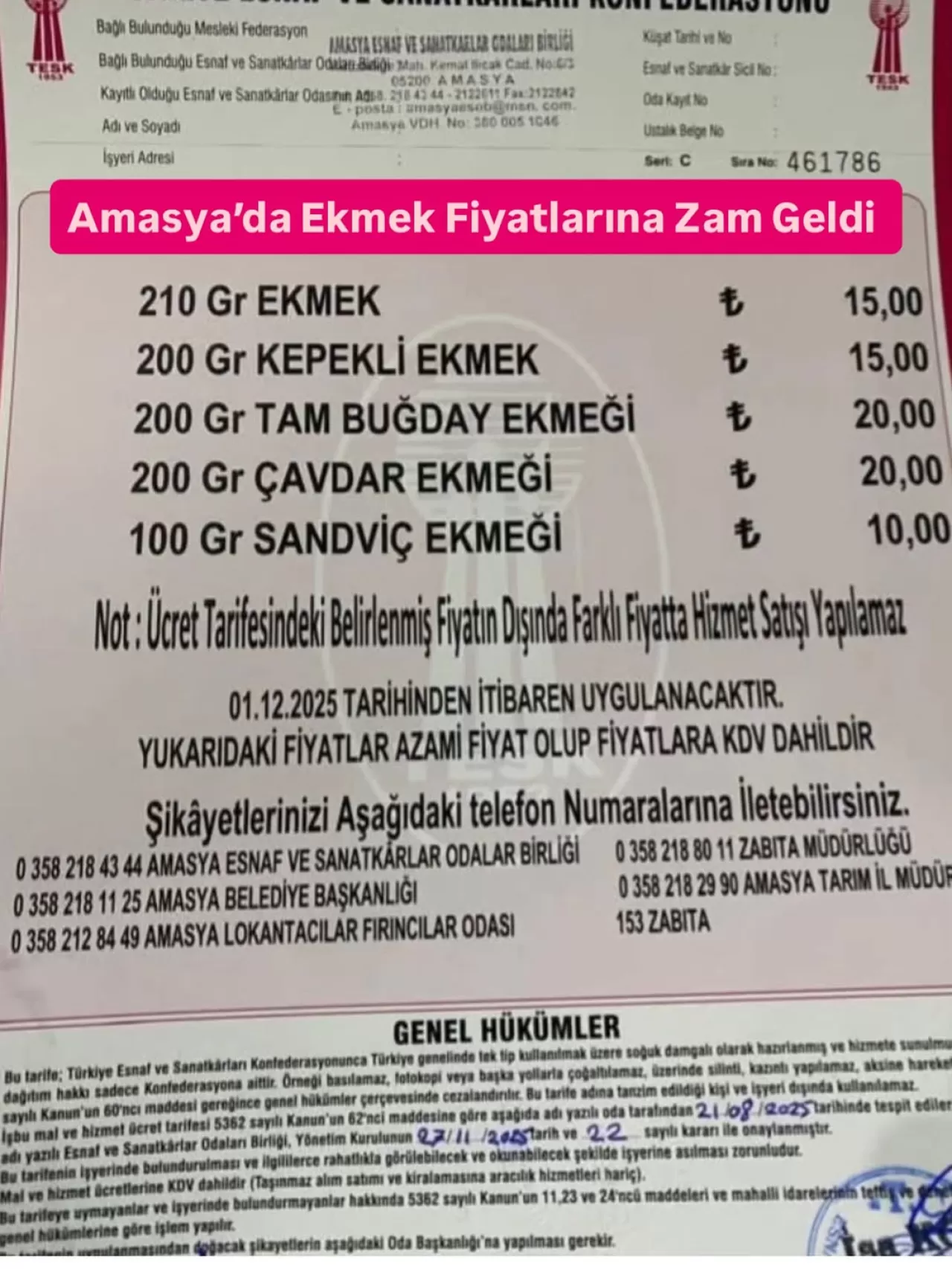 Amasya'da 210 Gram Ekmek Fiyatı 15 TL'ye Yükseldi