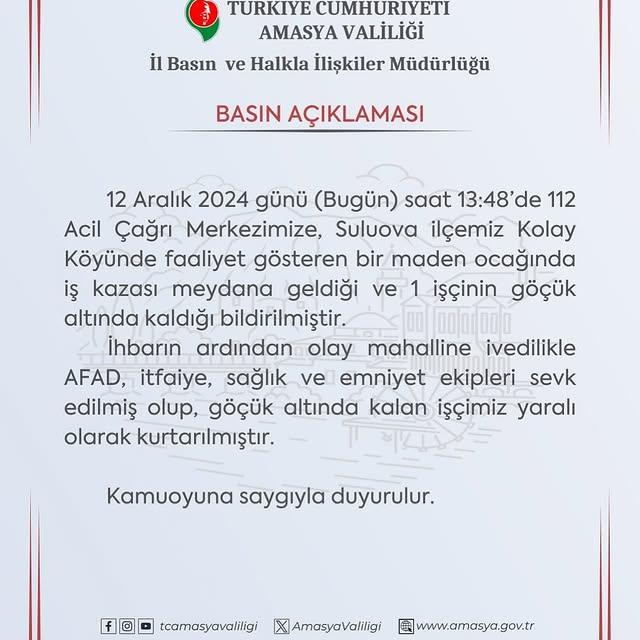 Amasya'nın Suluova İlçesinde Maden Ocağında Göçük Olayı