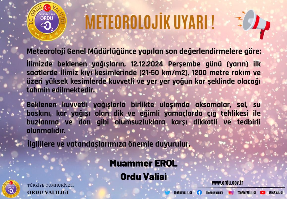 Hava Durumu Uyarısı: Ordu'da Yağmur ve Kar Yağışı Bekleniyor