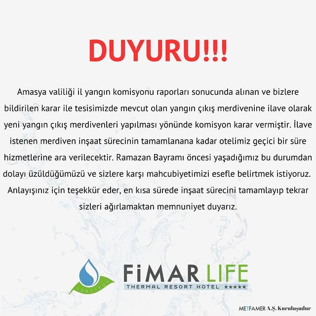 FimarLife Thermal Resort Hotel, Yangın Güvenliği İyileştirmeleri İçin Geçici Olarak Kapatıldı