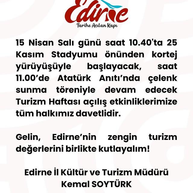 Edirne’de 49. Turizm Haftası Etkinlikleri Başlıyor