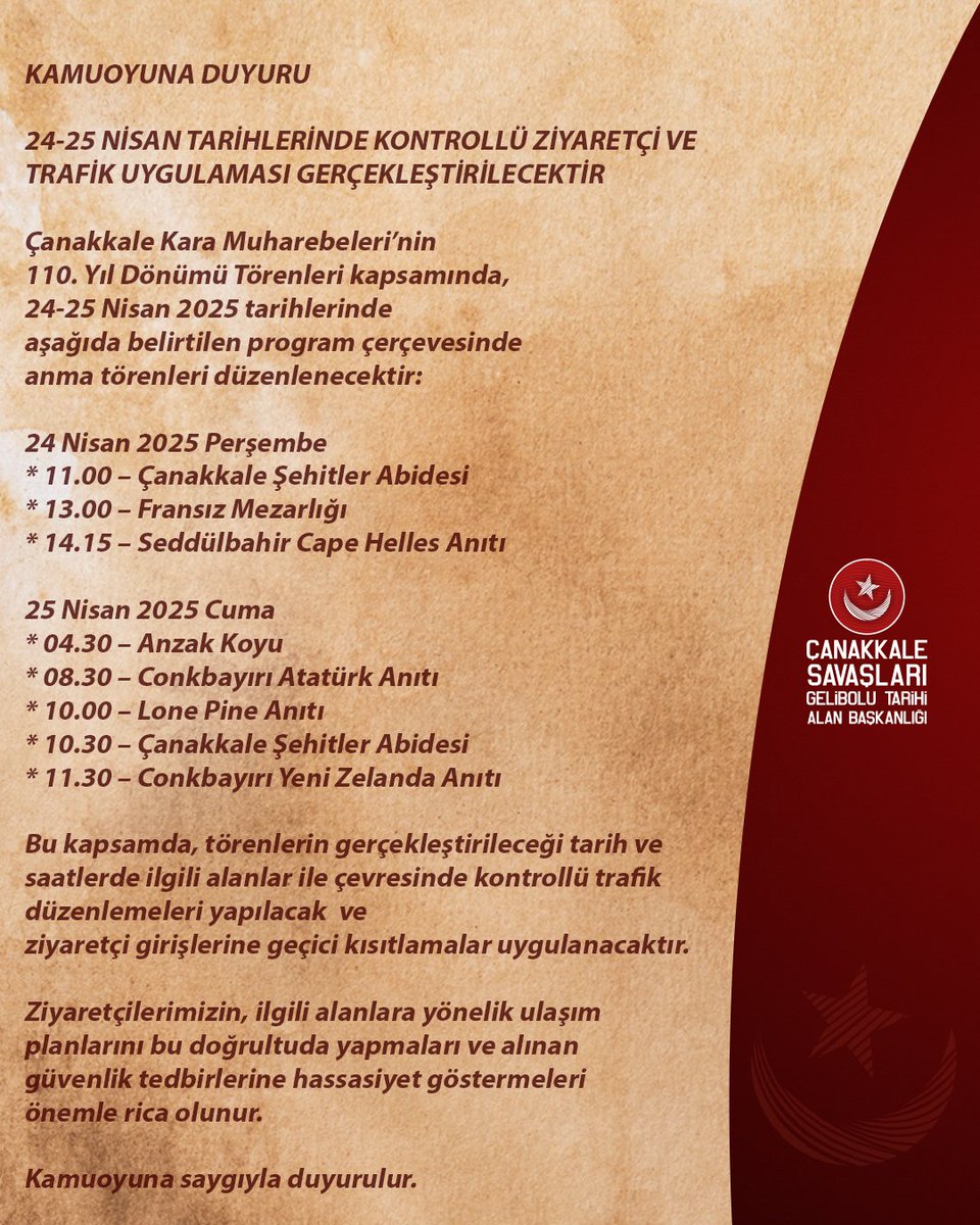 Çanakkale Tarihi Alanında 24-25 Nisan'da Kontrollü Ziyaretçi Trafiği ve Anma Törenleri