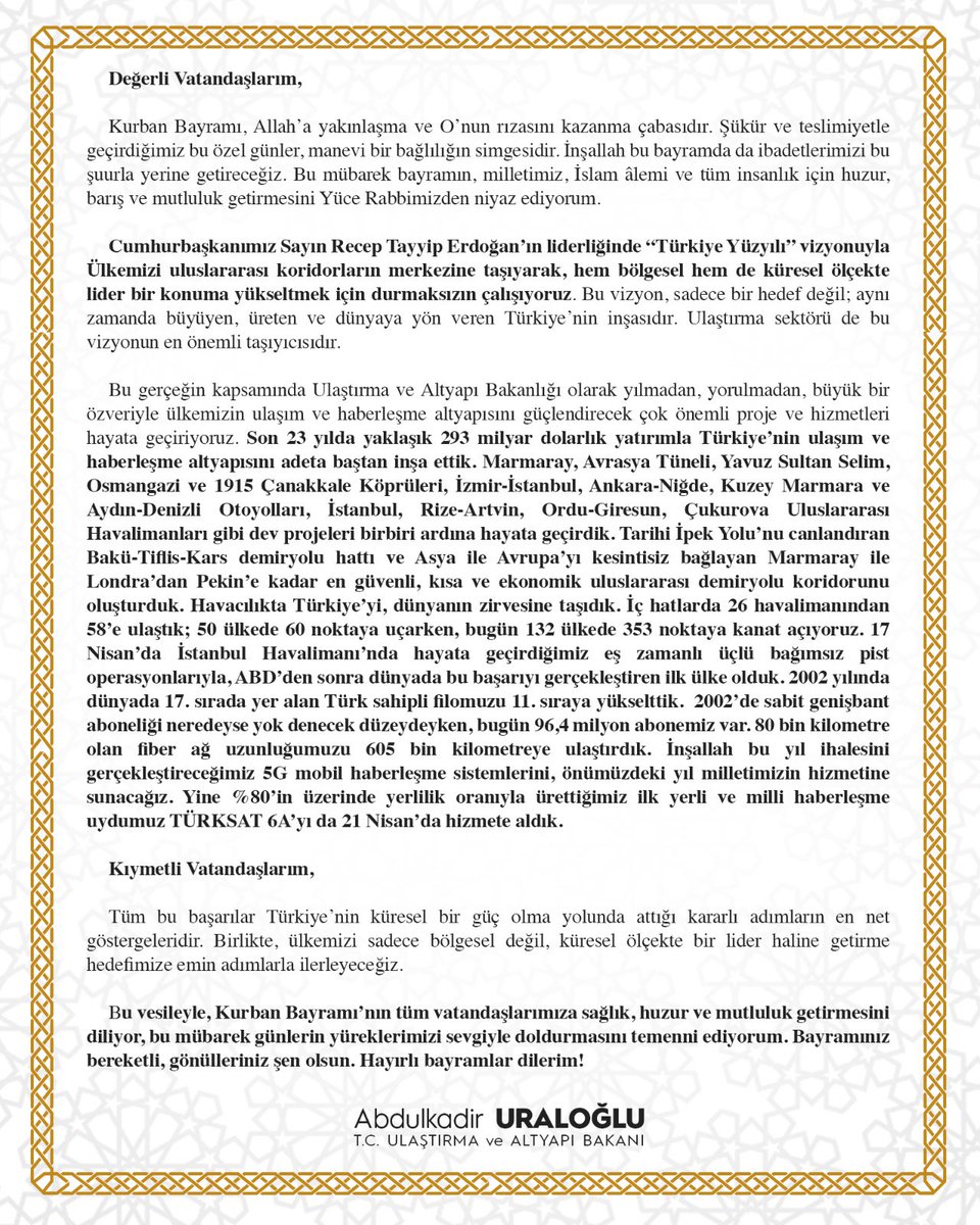 Ulaştırma ve Altyapı Bakanı Uraloğlu'ndan Kurban Bayramı Mesajı