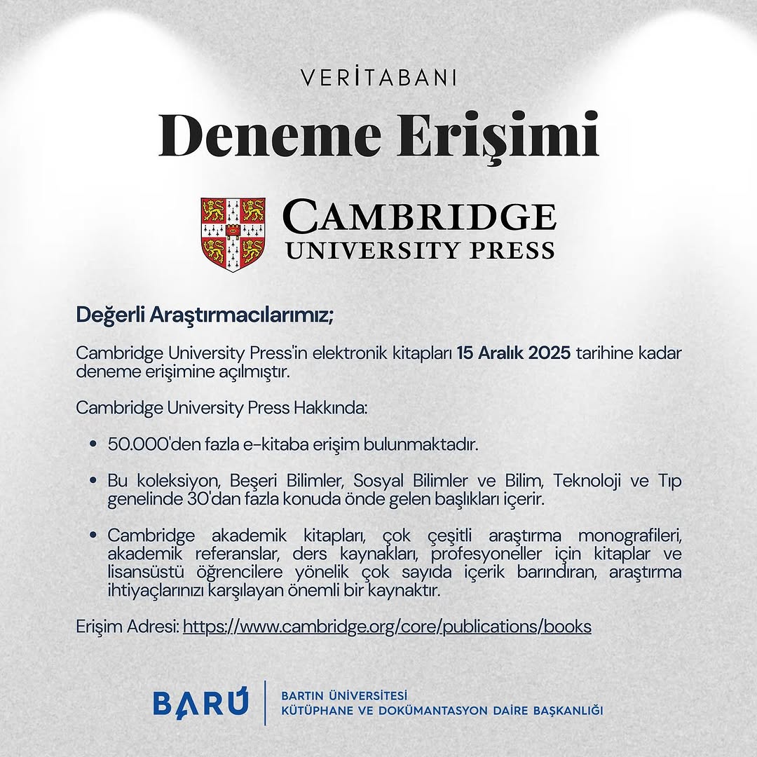 Bartın Üniversitesi'nde Cambridge University Press E-Kitaplarına Geçici Erişim