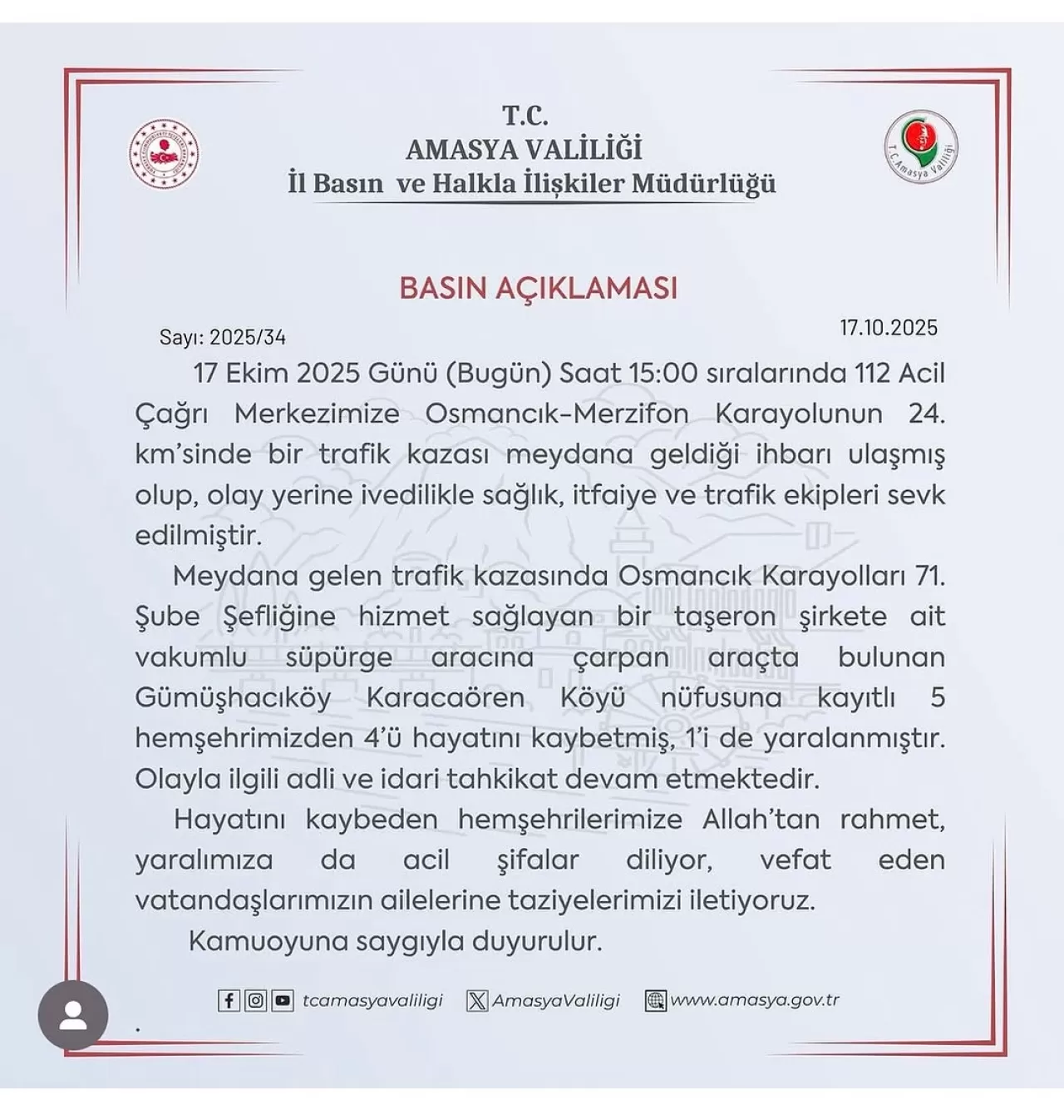 Amasya'da İki Kişinin Yaşamını Yitirdiği Trafik Kazası